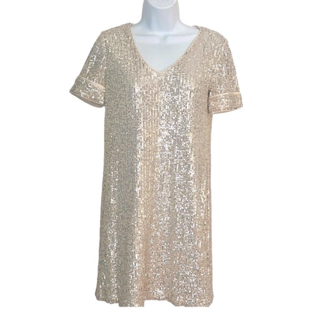 Cece Silver Sequin Vneck Shimmer Sparkly Glam Cocktail Mini Shift Party Dress XS
